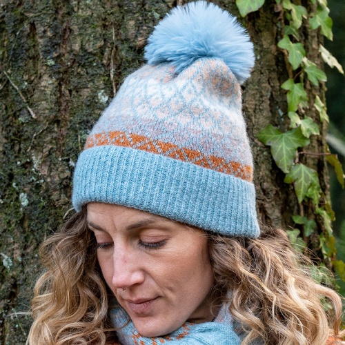 Blue Mix Recycled Blend Diamond Knit Bobble Hat by Peace of Mind